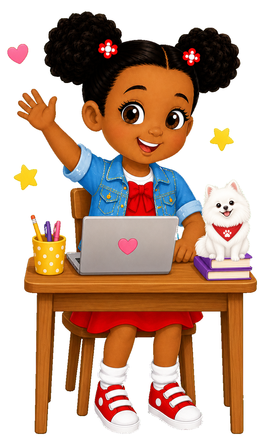 Mya and Pom Pom learning at a desk