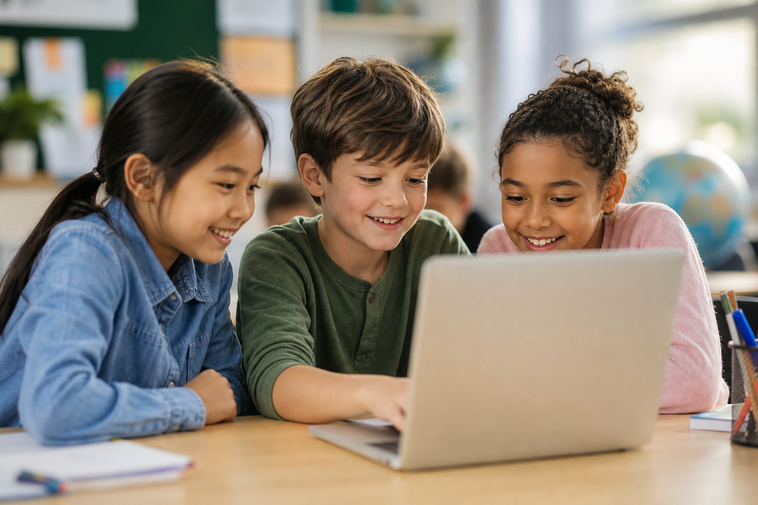 Kids learning together on a laptop